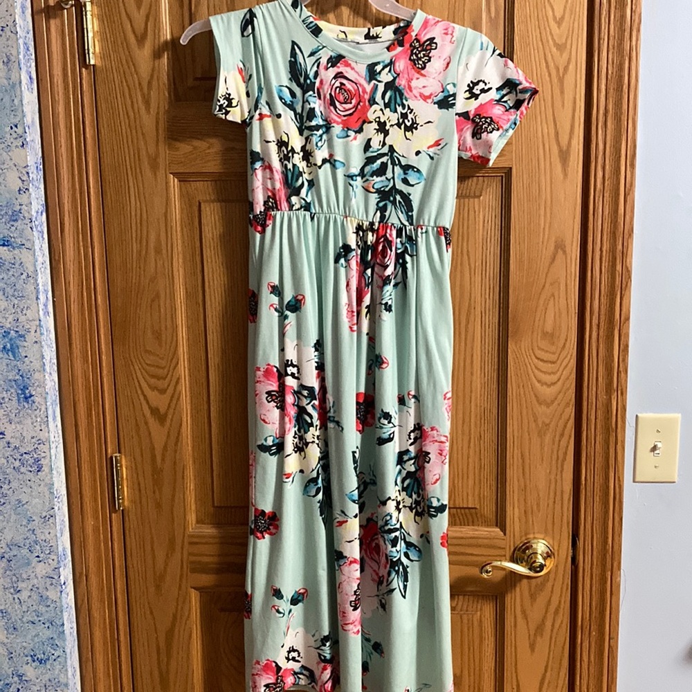 Unknown Brand Kids Large Long Mint Floral Print Pocketed Summer Dress